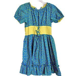 Vtg Handmade Dress Girls S Blue Yellow Floral Puff Sleeve Cottagecore Fairytale